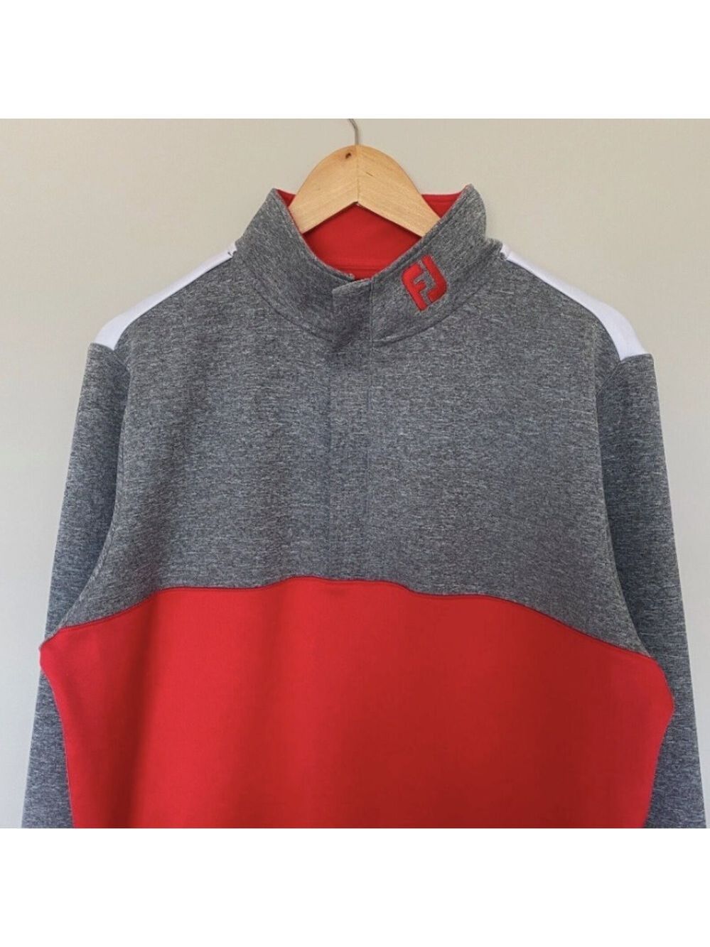 FootJoy 1/4 Zip Hidden Placket Mens M Pullover Top Long Sleeve Red/Gray/White